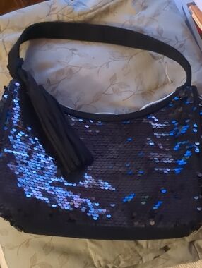 Black Sequin Shoulder Bag with Tassel Accent